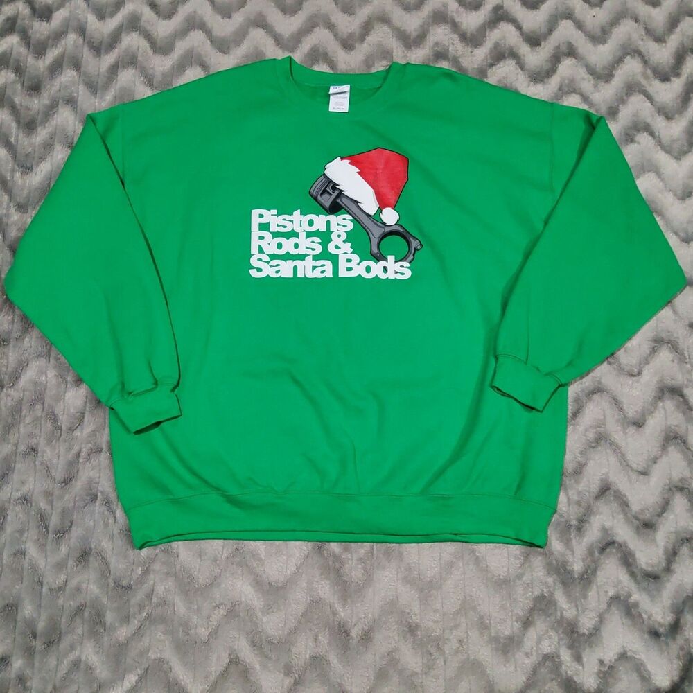 Gildan Mens Size 2XL Green Christmas Pistons Rods And Santa Bods Sweatshirt